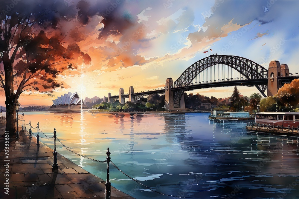 Naklejka premium Views of Sydney, Australia drawing in the style of colored pencil and watercolor. in the style of 90s art.