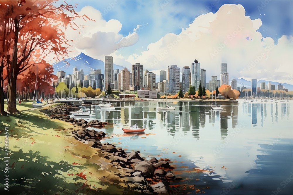 Fototapeta premium Views of Vancouver, Canada drawing in the style of colored pencil and watercolor. in the style of 90s art.