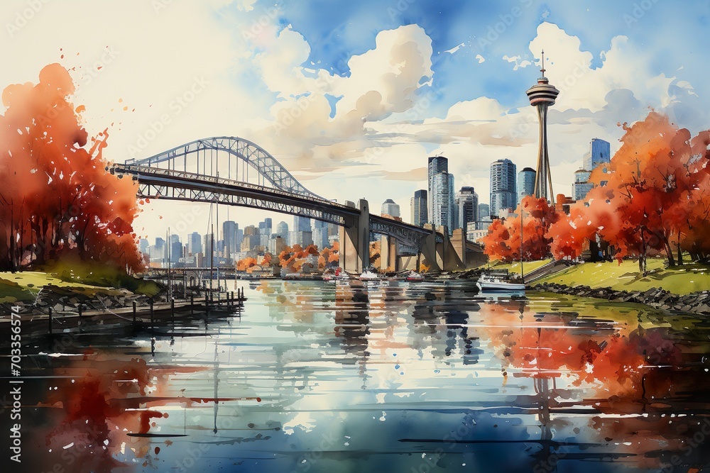 Obraz premium Views of Vancouver, Canada drawing in the style of colored pencil and watercolor. in the style of 90s art.