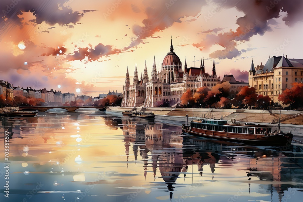 Fototapeta premium Views of Budapest, Hungary drawing in the style of colored pencil and watercolor. in the style of 90s art.