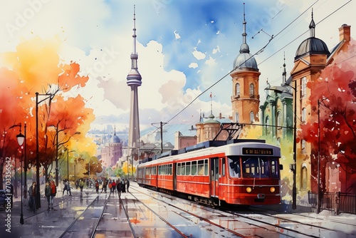 Views of Toronto, Canada drawing in the style of colored pencil and watercolor. in the style of 90s art.