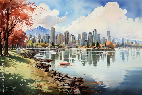 Views of Vancouver, Canada drawing in the style of colored pencil and watercolor. in the style of 90s art.