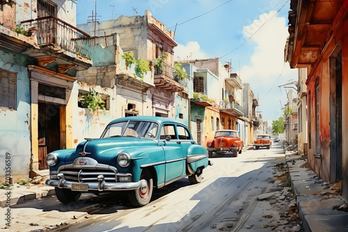 Views of Havana, Cuba drawing in the style of colored pencil and watercolor. in the style of 90s art.