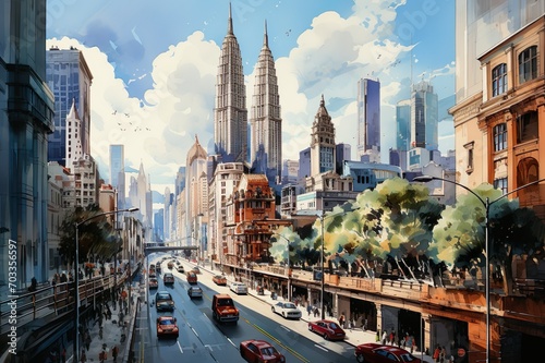 Views of Kuala Lumpur, Malaysia drawing in the style of colored pencil and watercolor. in the style of 90s art. © PixelXpert