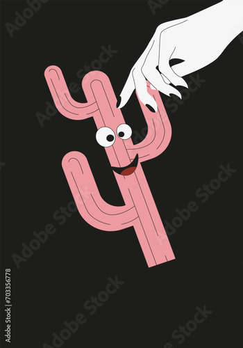 Postcard design with Cartoon Cactus character in trendy Groovy style. World Cactus Day banner and poster collection. Vector illustration can used web and social media poster and t-shirt print. 
