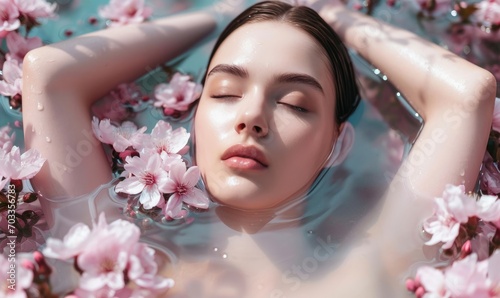 beauty girl is laying in the water with flowers. portrait of a beautiful young woman relaxing in water surrounded by blossoming. woman relaxes while enjoying blossoms