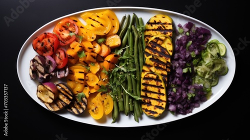  a plate of grilled vegetables including green beans, red and yellow peppers, and red cabbage on a black background.