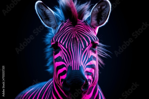 Closeup front view of a zebra in pink neon lighting on solid black background