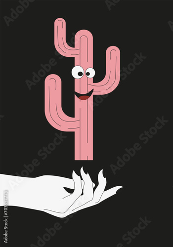 Postcard design with Cartoon Cactus character in trendy Groovy style. World Cactus Day banner and poster collection. Vector illustration can used web and social media poster and t-shirt print. 