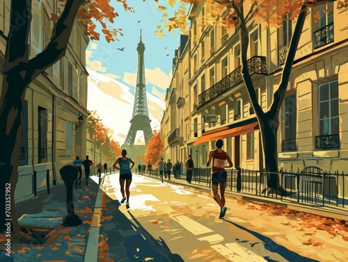 Runners' Tapestry: Paris 2024 Illustrated in Dynamic Harmony