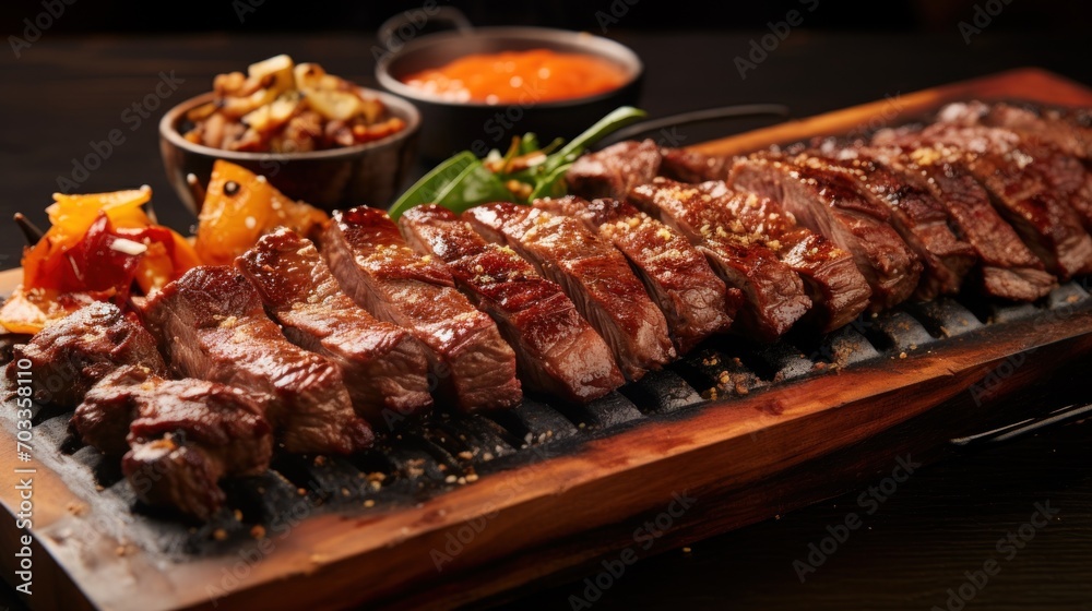  a close up of a plate of food with meat and veggies on a wooden tray on a table.