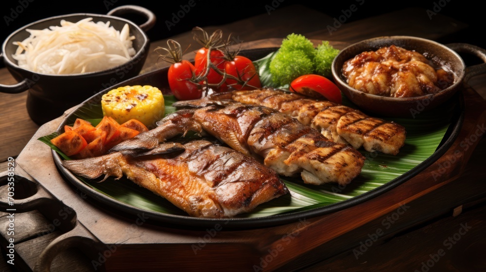 a close up of a plate of food with meat and veggies on a table with a bowl of rice. a close up of a plate of food with meat and veggies on a table with a bowl of rice.