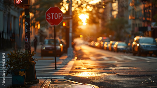 Urban sunset scene with a stop sign and glowing streetlights, casting warm light on an empty city street.