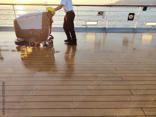 floor cleaner with operator on cruise ship deck
