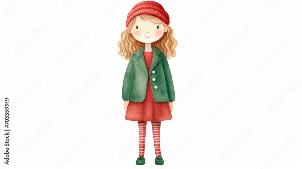 Cute character girl watercolor illustration in Christmas style on white background. Red and green colors. Cute character girl watercolor illustration in Christmas style on white background. Red and green colors.