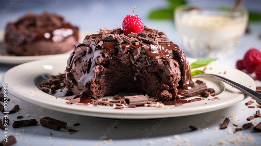 a white plate topped with a chocolate cake covered in chocolate frosting and a single raspberries on top of it. a white plate topped with a chocolate cake covered in chocolate frosting and a single raspberries on top of it.