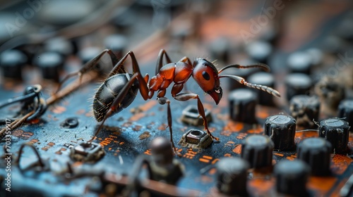 Close-Up of a Vibrant Red and Black Ant Walking on an Intricate Circuit Board with Various Components © AounMuhammad