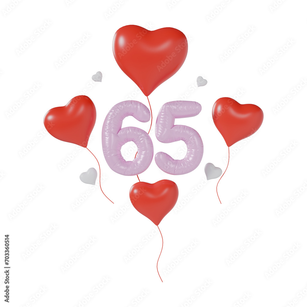 Heart Number 65 Valentine Day Anniversary 3d illustration