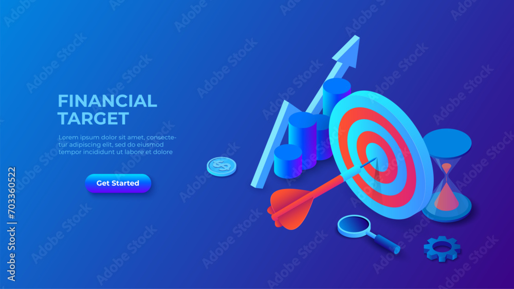 Dark business strategy concept with target and chart. Landing page template. 3d isometric vector illustration - obrazy, fototapety, plakaty 
