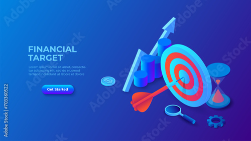 Dark business strategy concept with target and chart. Landing page template. 3d isometric vector illustration