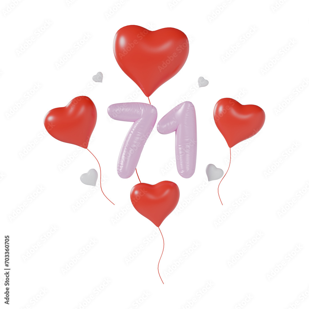 Heart Number 71 Valentine Day Anniversary 3d illustration