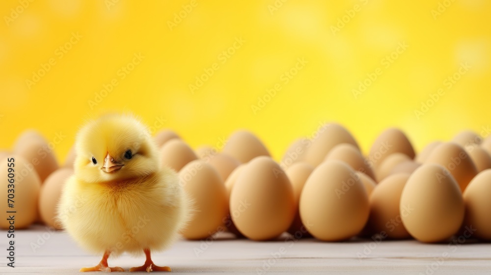  a small yellow chick standing in front of a group of brown eggs on a yellow and white background with a yellow wall in the background.