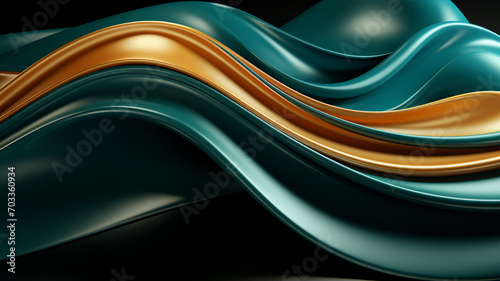 Modern geometric background with flowing lines and waves. Abstract green and golden shiny wavy lines background