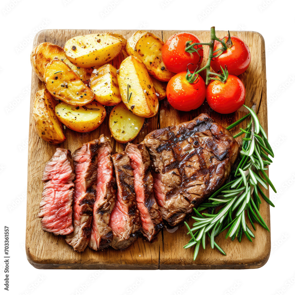 grilled meat with tomato and potato wedges on a board. top view, transparent background grilled meat with tomato and potato wedges on a board. top view, transparent background