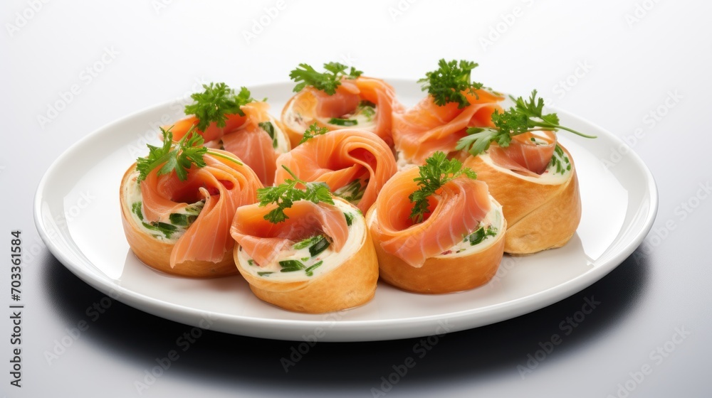 a white plate topped with rolls covered in meat and garnished with green leafy garnishes. a white plate topped with rolls covered in meat and garnished with green leafy garnishes.