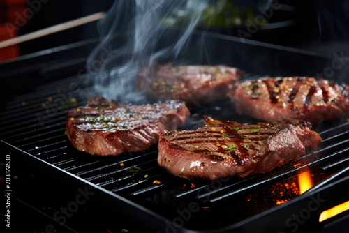 Searing Meat In Grill Pan On Electric Stove With Rising Smoke photo