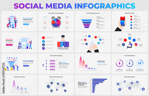 Set of social media infographic presentation slides. Sales funnel, mobile phone, time management, charts, maps and statistic diagrams