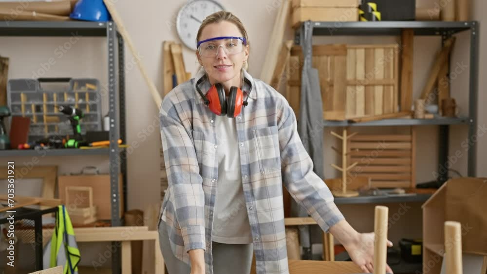 Young woman in safety glasses and earmuffs stands confidently in a well-equipped carpentry workshop.
