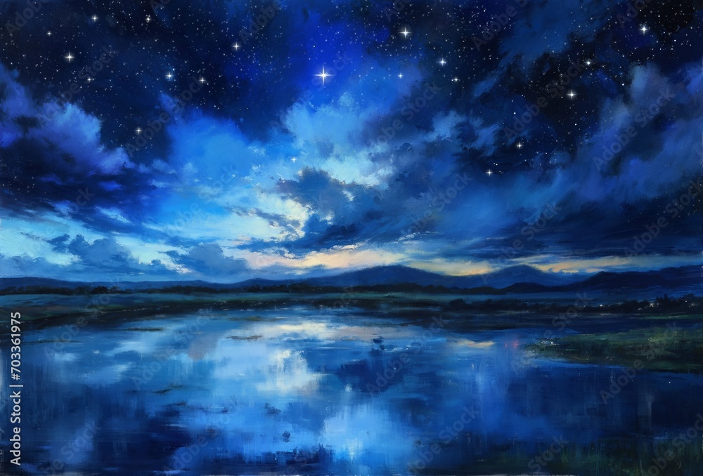 Paintings landscape, night sky and clouds, sky over the lake, stars. Artwork, paint Paintings landscape, night sky and clouds, sky over the lake, stars. Artwork, paint