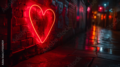 AI-generated illustration of a Valentine's Day neon heart sign on a stone wall at night