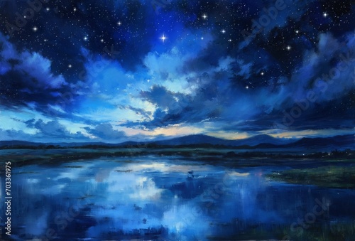 Paintings landscape, night sky and clouds, sky over the lake, stars. Artwork, paint