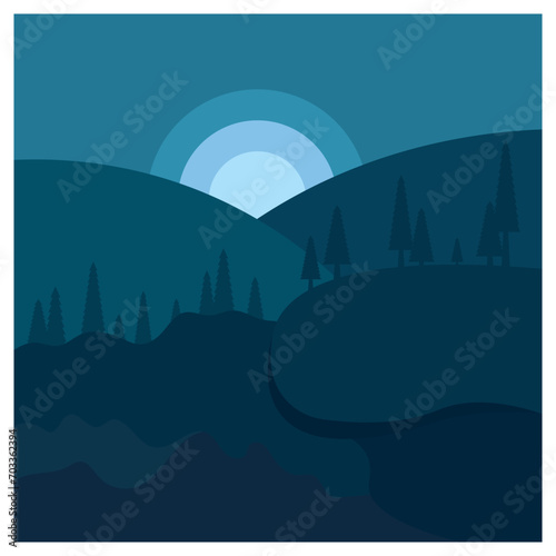 Beautiful landscape of mountains pine trees and moon