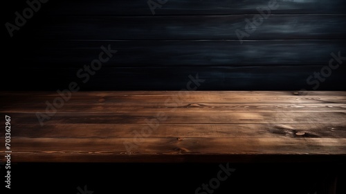 Wooden table mockup. Table on dark background.
