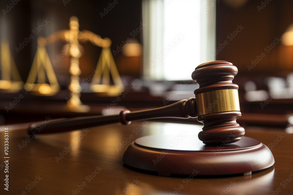 Close-up of gavel on judge desk, symbolizing court trial, justice and legal decisions in courtroom Close-up of gavel on judge desk, symbolizing court trial, justice and legal decisions in courtroom