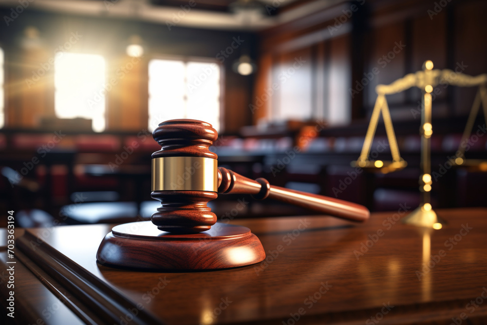 Close-up of gavel on judge desk, symbolizing court trial, justice and legal decisions in courtroom Close-up of gavel on judge desk, symbolizing court trial, justice and legal decisions in courtroom