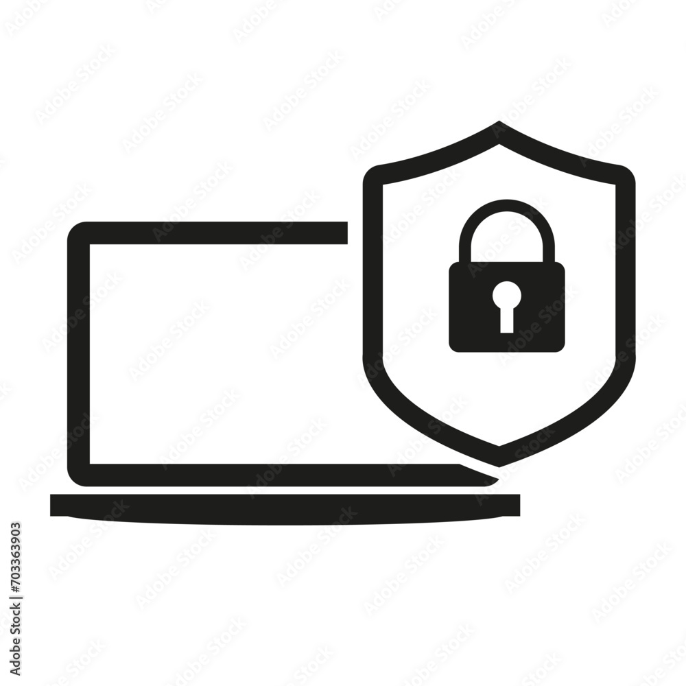 Laptop antivirus shield security icon, laptop antivirus protection icon vector illustration isolated on white background.