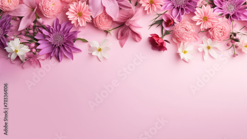 Floral background banner. Top view of chrysanthemums and roses in pink, white purple on pink background, copy space for text