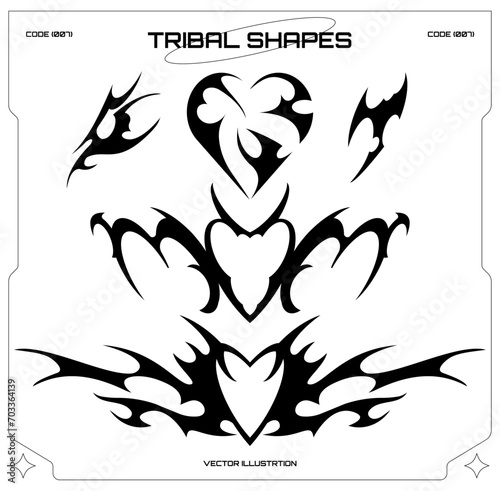 Y2K tribal shapes in retro futuristic style. Cyberpunk elements for 90s design. Ski-Fi style, GUI, FUI, HUD. Modern cyber user interface elements. Printable vector tattoo collection.