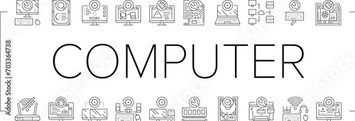 repair computer pc service icons set vector. hardware technician, support technology, engineer maintenance, motherboard laptop repair computer pc service black line illustrations