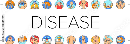 disease health heart icons set vector. cough pain, fever virus, flu failure, medical stroke, healthcare attack, temperature disease health heart color line illustrations
