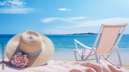a straw hat hangs on a beach chair against the background of the sea and yachts 