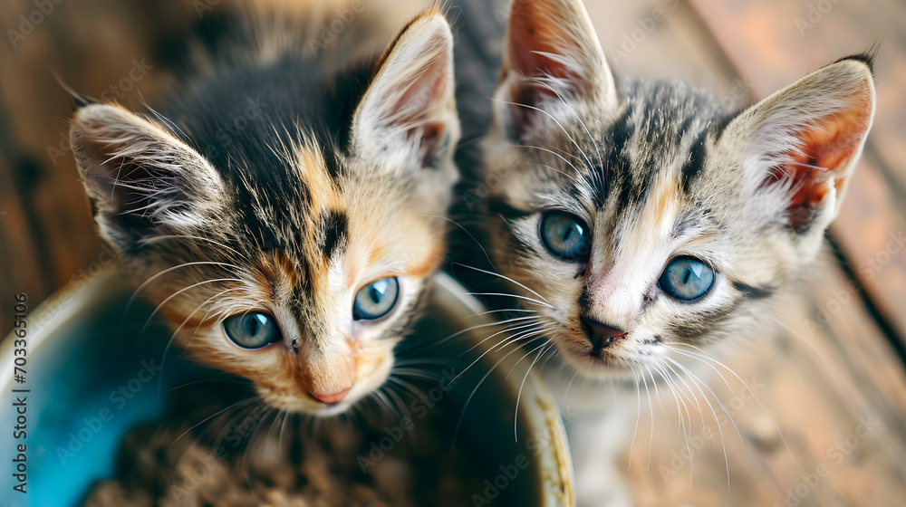 Candid top view of a cute kittens looking at the camera feeding on a bowl of food with blurred background