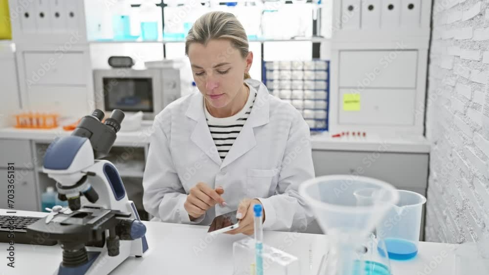 A focused woman scientist using a smartphone in a modern laboratory with a microscope and lab equipment