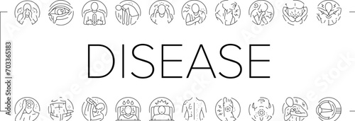 disease health heart icons set vector. cough pain, fever virus, flu failure, medical stroke, healthcare attack, temperature disease health heart black line illustrations