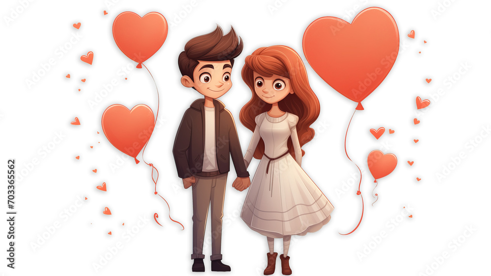 Cartoon couple in love on transparent background. Cartoon characters with heart balloons. Valentines day Cartoon couple in love on transparent background. Cartoon characters with heart balloons. Valentines day