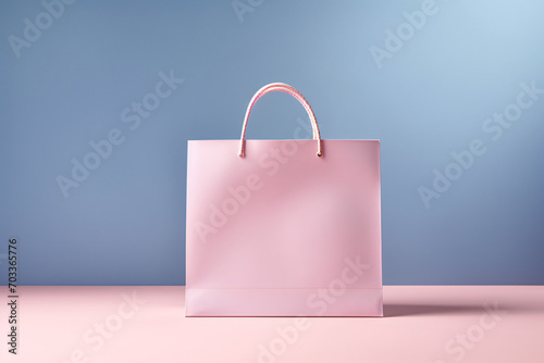 Minimalist and elegance Pink shopping bag on blue background, springtime or summer sale and Valentine surprise offer promotion concept.